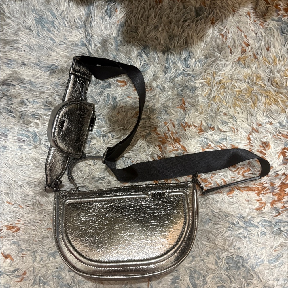 Silver Crossbody Bag with Adjustable Black Strap